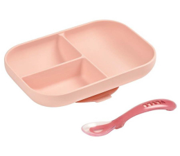 Miska / talerzyk dla dzieci Beaba Komplet naczyń z silikonu talerz z przyssawką +łyżeczka Pink