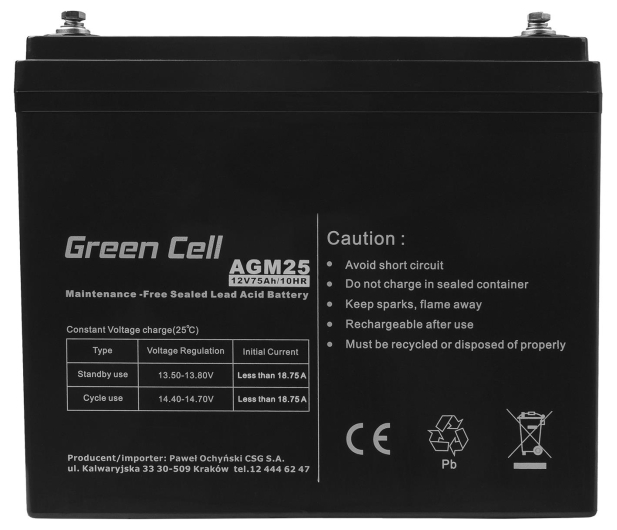 Green Cell Akumulator AGM VRLA  12V 75Ah - 547940 - zdjęcie 2