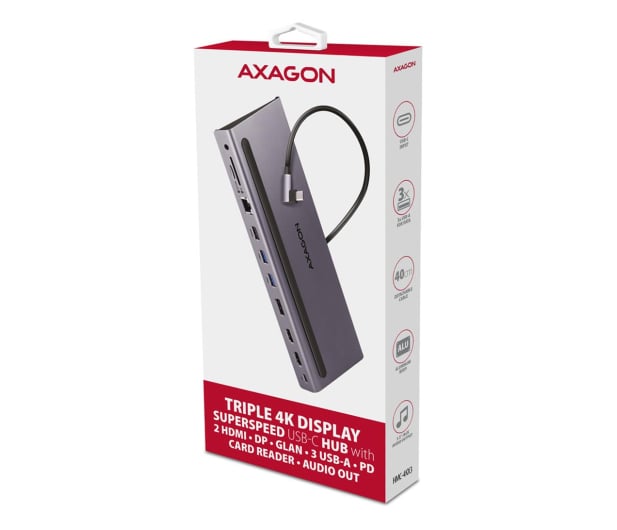 Axagon Wieloportowy hub USB 5Gbps, 3x USB-A, 2x HDMI + DP + GLAN, - 1185555 - zdjęcie 4