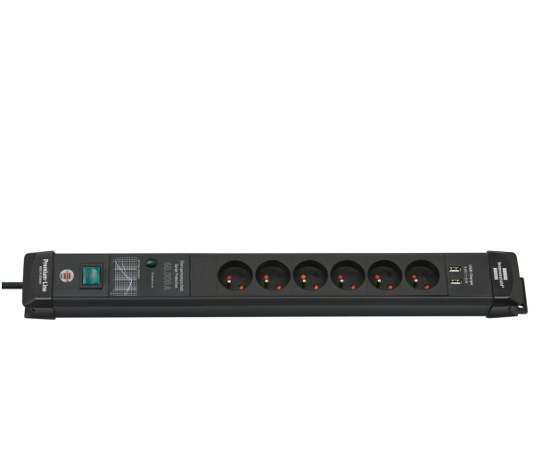 Brennenstuhl Premium-Line - 6 gniazd, 2x USB, 3m czarna 60.000A - 1199738 - zdjęcie