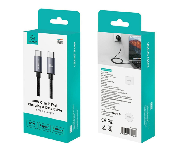 USAMS Kabel U91 60W USB-C do USB-C 1m stalowy - 1569126 - zdjęcie 5