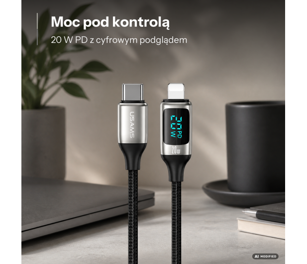 USAMS Kabel pleciony USB-C/Lightning LED 1,2m 20W PD Fast Charge - 1568999 - zdjęcie 2